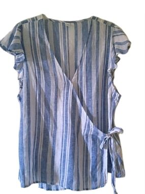 Blue & White Striped Wrap-Front Blouse Linen Blend